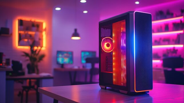 Custom gaming computer setup with vibrant RGB lighting in pink and purple, desktop PC case, powerful gaming equipment, neon-lit background, gaming technology
