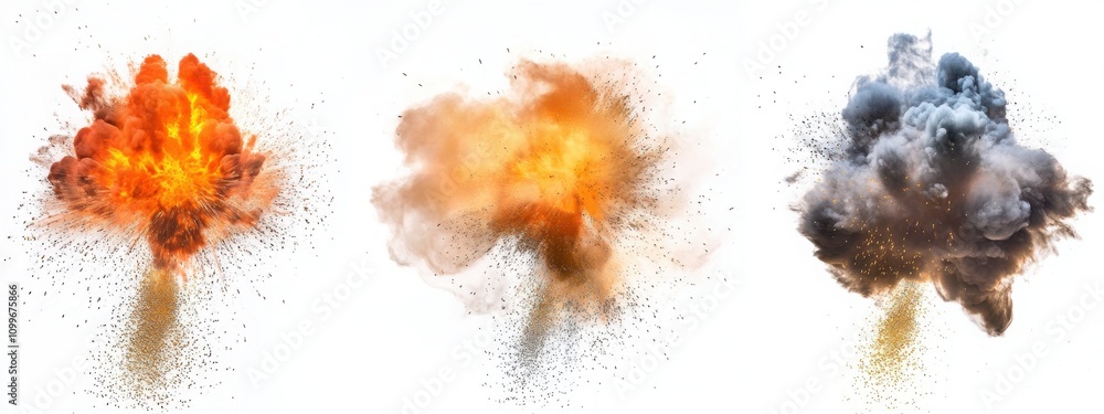 Poster four different explosions on a plain white background, each explosion unique in shape