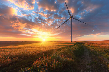 Obraz premium At sunset, a lone windmill graces the peaceful countryside, silhouetted against a fiery sky, surrounded by lush green meadows.