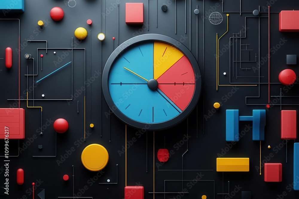 Poster a colorful clock with geometric shapes on a dark background, showcasing a modern and abstract design
