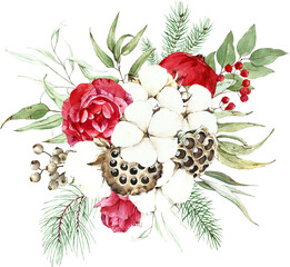 watercolor christmas bouquet cotton, conifers