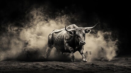 Powerful Bull Running Through Dust - Black and White Photography