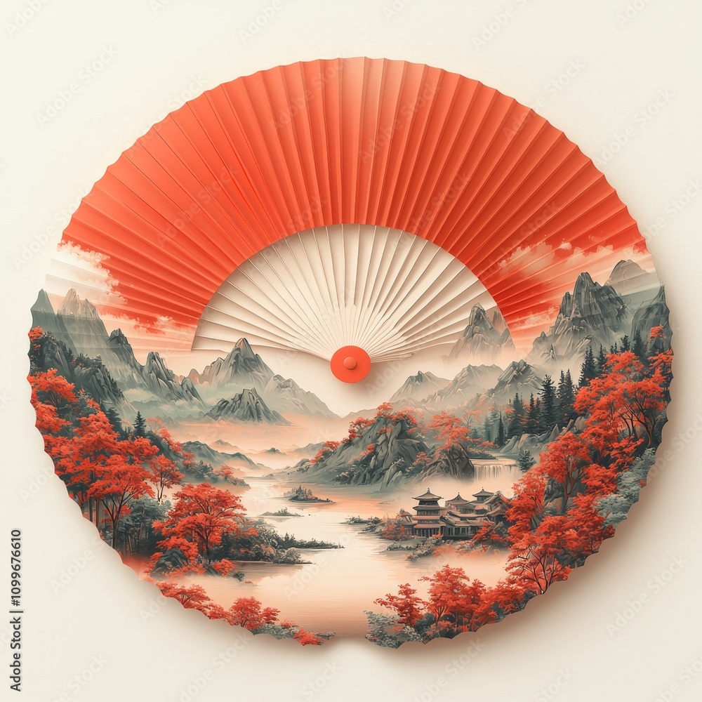 Poster an isolated chinese folding fan on a transparent background.