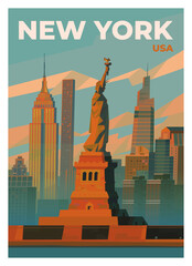 View of New York City, the bay, the island, the Statue of Liberty and the Empire State Building