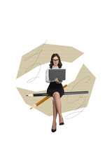 Picture collage of beautiful professional reviewer writing feedback using netbook isolated on...