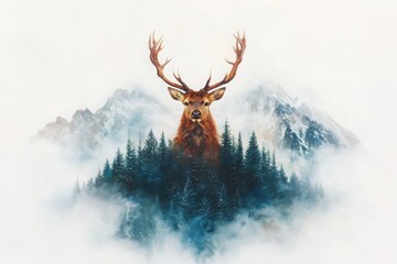 Naklejka premium Gentle snowfall embracing woodland deer misty pine forest watercolor artwork ethereal nature scene soft winter light