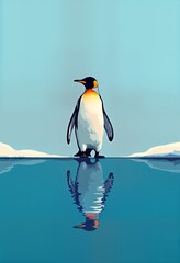 Obraz premium Artic penguin stands on ice reflecting in water. Minimalist art style. Cool blue tones. Nature scene. Pop art style. Ice floe. Water reflection. Wildlife photography. Penguin standing. Simple design.