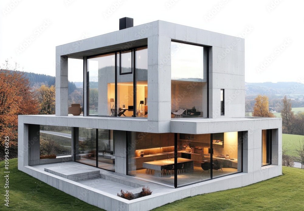 Poster modern concrete house surrounded by nature with open spaces and large windows showcasing innovative 