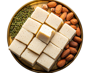 a plate of food with nuts and cubes