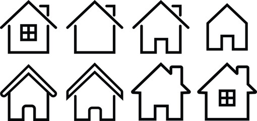 Collection home icons. House symbol. Set of real estate objects and houses black icons isolated on white background. Web home icon for apps and websites, House icon.
