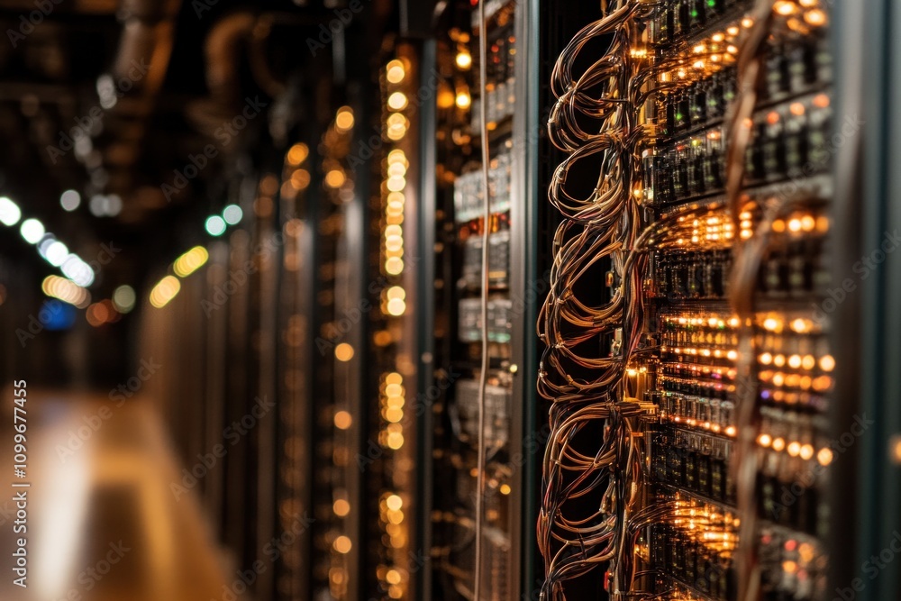 Poster rows of servers are illuminated in a high-tech data center, showcasing an intricate cabling system. 