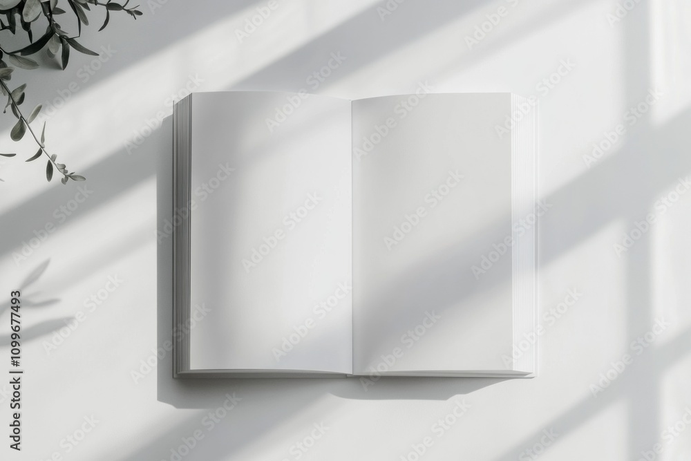 Poster a blank notebook lays open on a bright surface, illuminated by sunlight that creates soft shadows. t