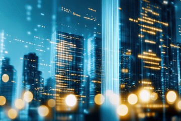 Bright illuminated buildings form a contemporary data center in a city during the night. Dynamic light patterns reflect technological advancement and urban life