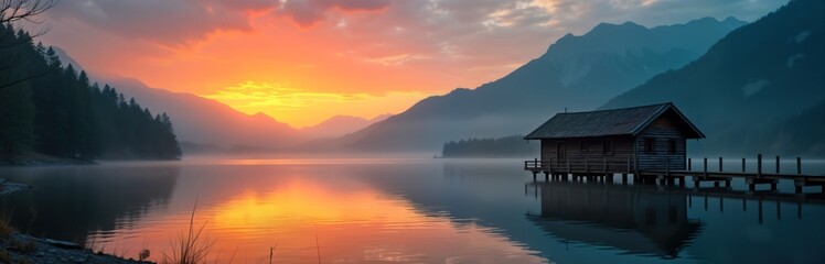 Obraz premium Stunning lake landscape at sunrise. Glowing orange sunset paints the tranquil water and hills. Calm lake reflects the sky. Wooden cabin on a pier stands on the water. Picturesque scenery.