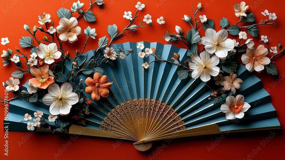 Poster background for a lunar new year concept using red and gold paper fans