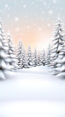 Fototapeta premium A serene winter landscape features a forest of snow-covered trees with a gently flowing river illuminated by a soft sunrise in pastel hues