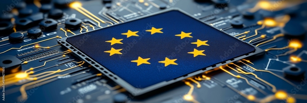 Poster european union flag on a circuit board symbolizing technology, innovation, and digital integration.