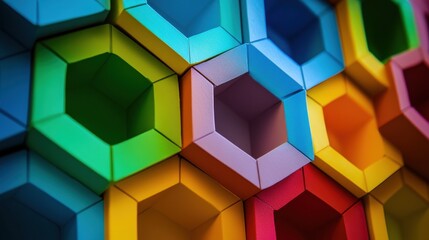 Obraz premium A series of interconnected colorful hexagons forming a dynamic pattern, Symbolizing the structured complexity of inclusivity, photography style