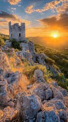 Fototapeta premium Ruined Stone Tower on Clifftop at Sunset