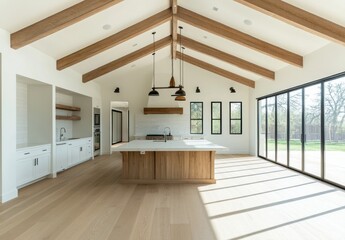 Modern Kitchen Interior with High Ceiling, Exposed Beams, and Bright Natural Light Featuring Beautiful Wood Elements and Elegant Design in a Contemporary Home Setting