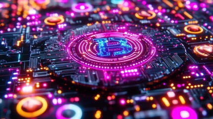 Bitcoin Circuitry, neon lights, digital network, futuristic finance, vibrant blockchain, electronic connections, glowing symbols
