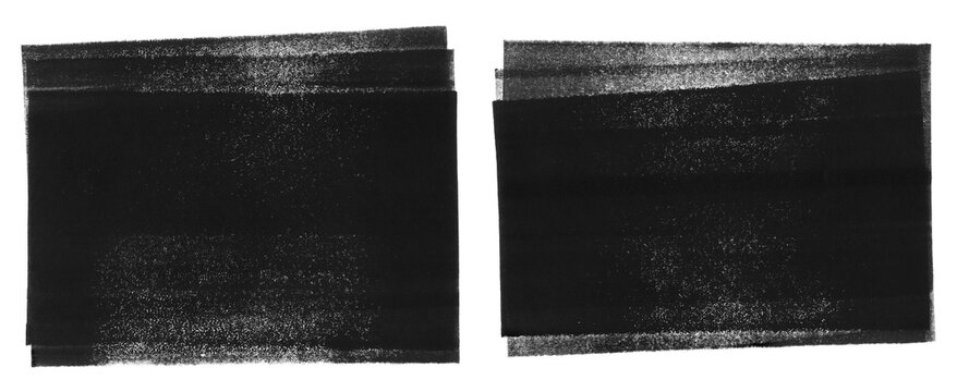 Linocut, relief printing horizontal rectangle textures. Black and white artistic linocutting text backgrounds with rough uneven edge. Paint roller stains set, wide textured lino ink remains.