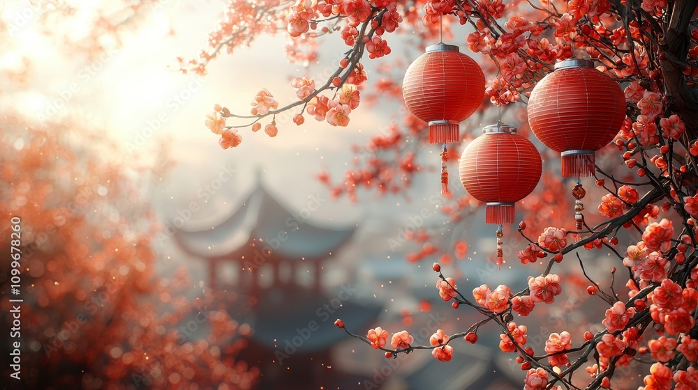 Poster the chinese lanterns and sakura blossoms are set against a red background in this elegant design for