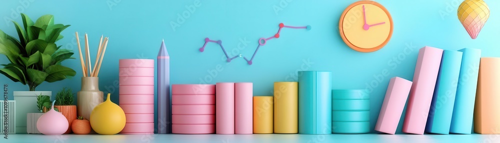 Poster goal success overview flat design front view performance tracking theme 3d render colored pastel