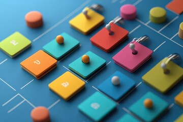A vibrant arrangement of colorful buttons and knobs on a blue surface, suggesting a playful and interactive design element.