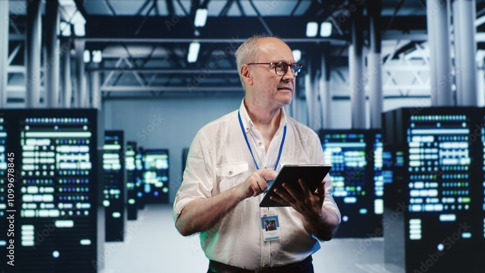 Poster proactive professional expertly managing data while navigating through industrial server racks. dill