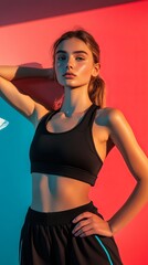 Obraz premium Sporty Woman Posing in Workout Clothes Against Red and Blue Background