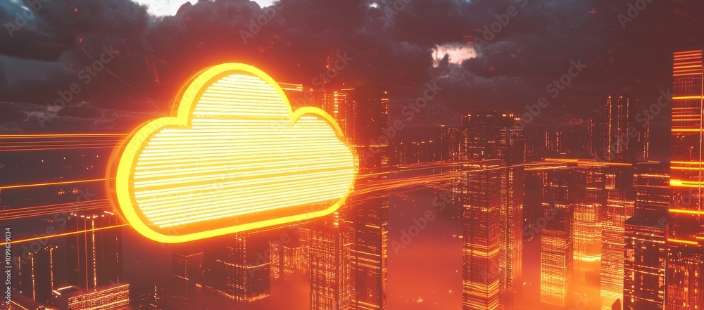 Poster Speeding train with cloud computing on a city background