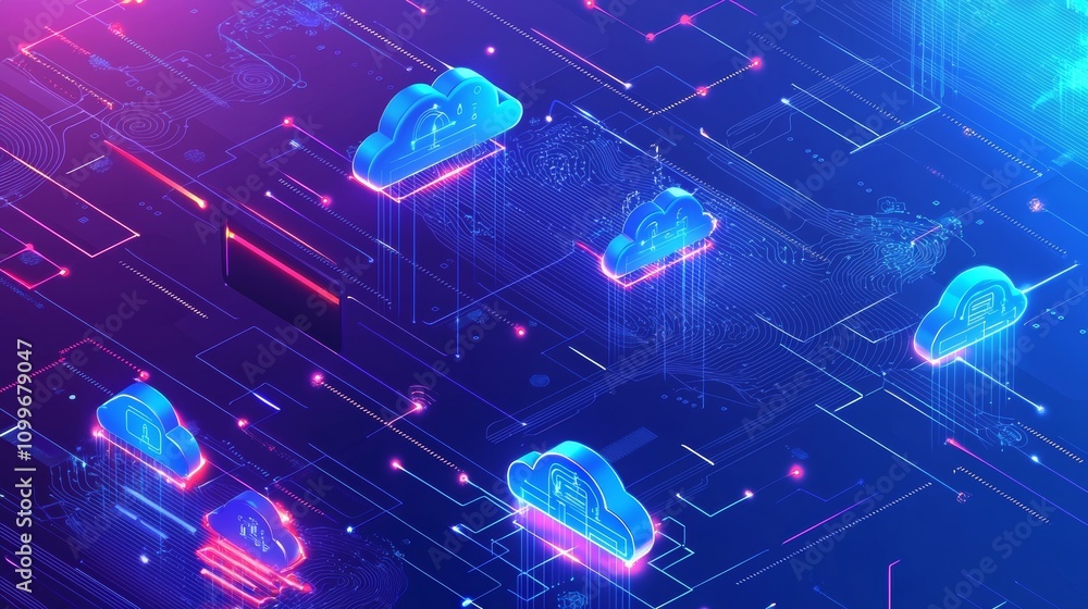 Poster Downloadable cloud storage that embodies network computing technologies and illustrates a futuristic server setup.