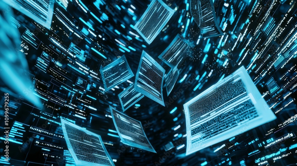Poster Data and electronic components are displayed in dynamic streams of data floating in a luminous blue cyber space background.