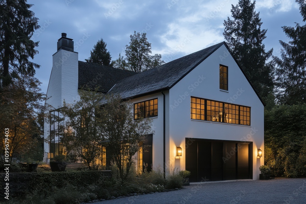 Poster modern minimalist home at dusk surrounded by lush greenery with soft ambient light enhancing its arc