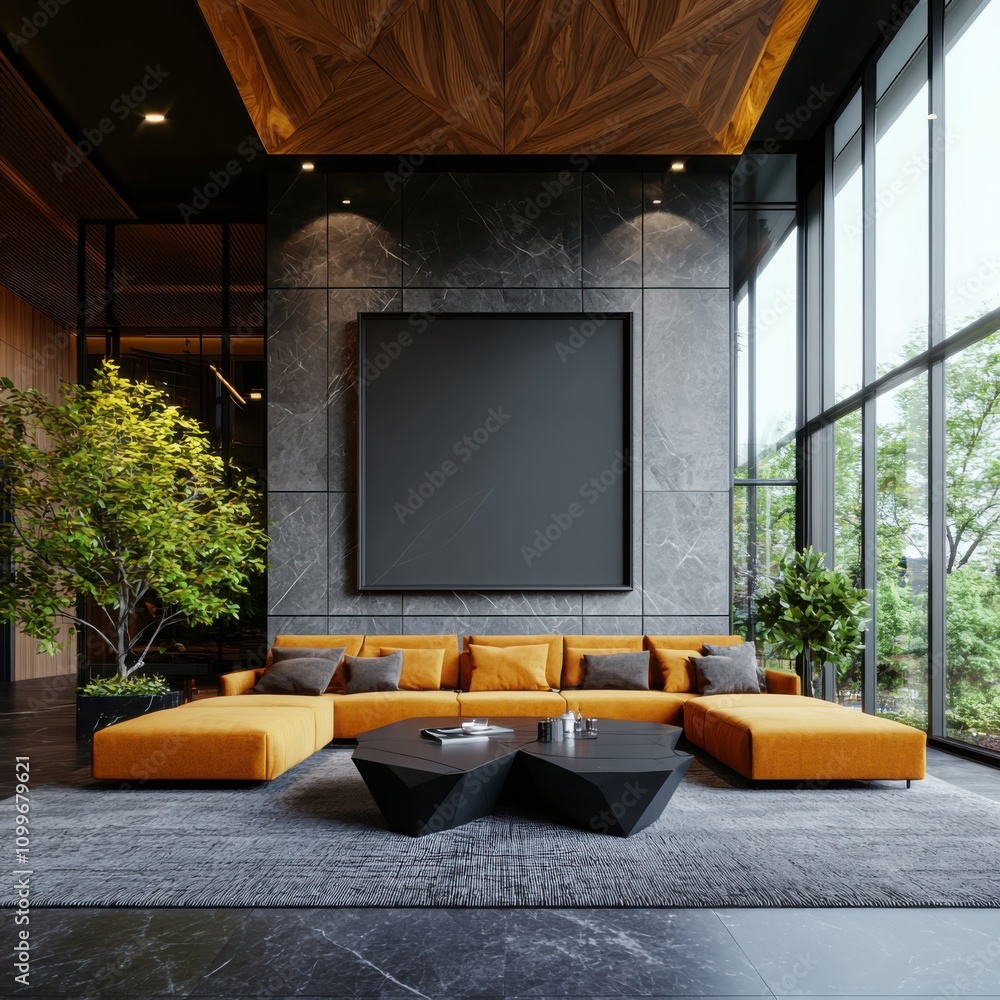 Aufkleber showcasing artistic potential in a modern gallery space with empty artwork frame ochre sofa and geom