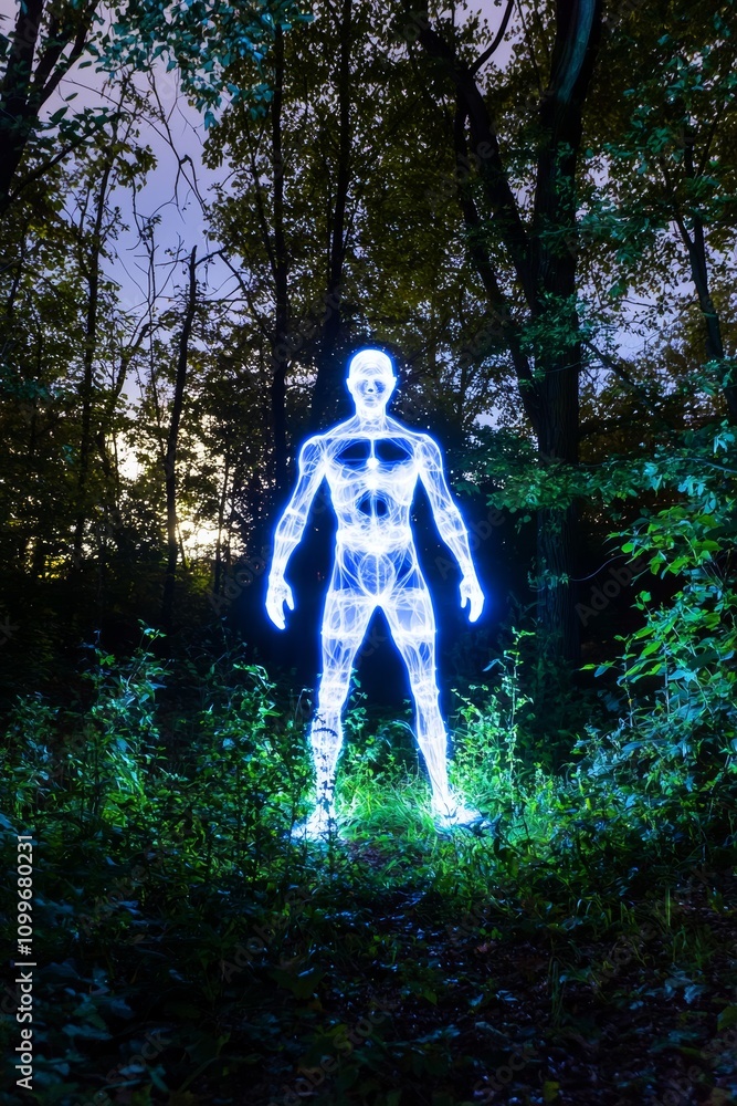 Poster there is a man in the middle of a forest with a light shining on him and his body is glowing biopunk