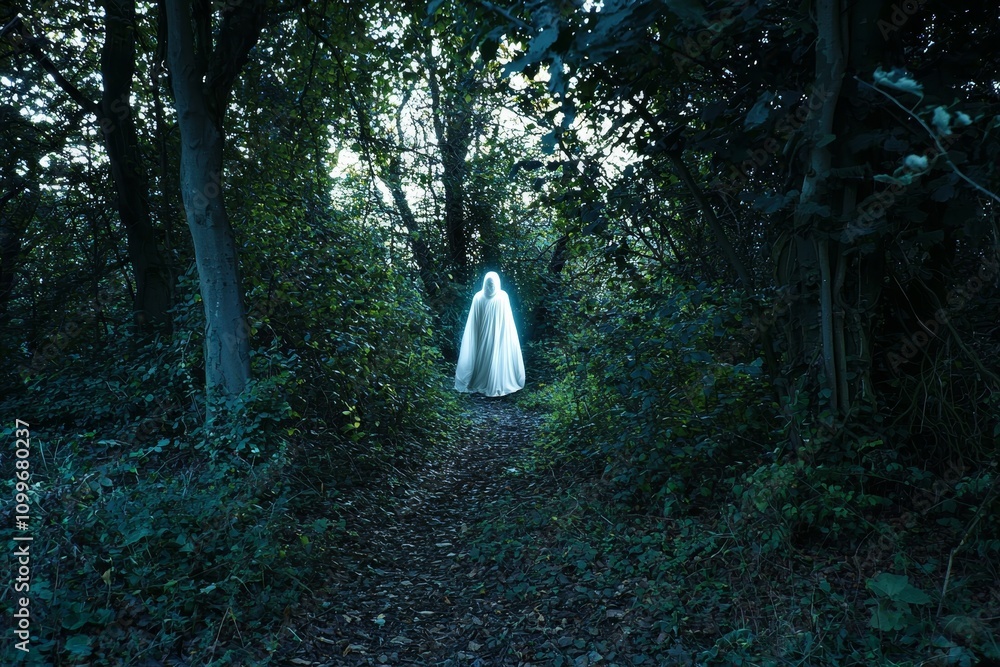 Poster There is a man standing in the middle of a forest with a hologram at the end of the forest in the biopunk style