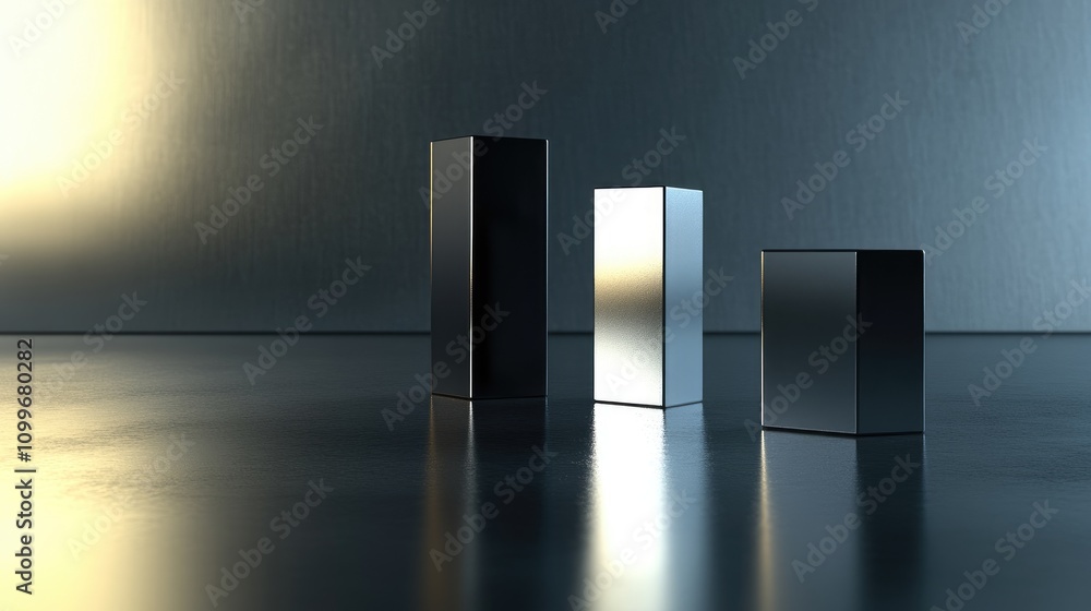 Poster 3d bar graph with metallic, shiny bars of varying heights on a clean surface, casting shadows to hig