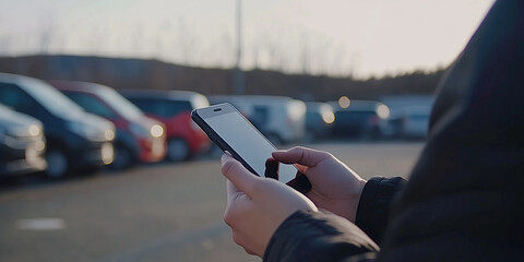 Person using mobile phone app to rent a car or to find parked car on a parking lot.