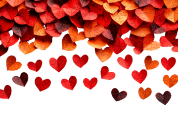 Red paper hearts confetti falling on a cut out PNG transparent background