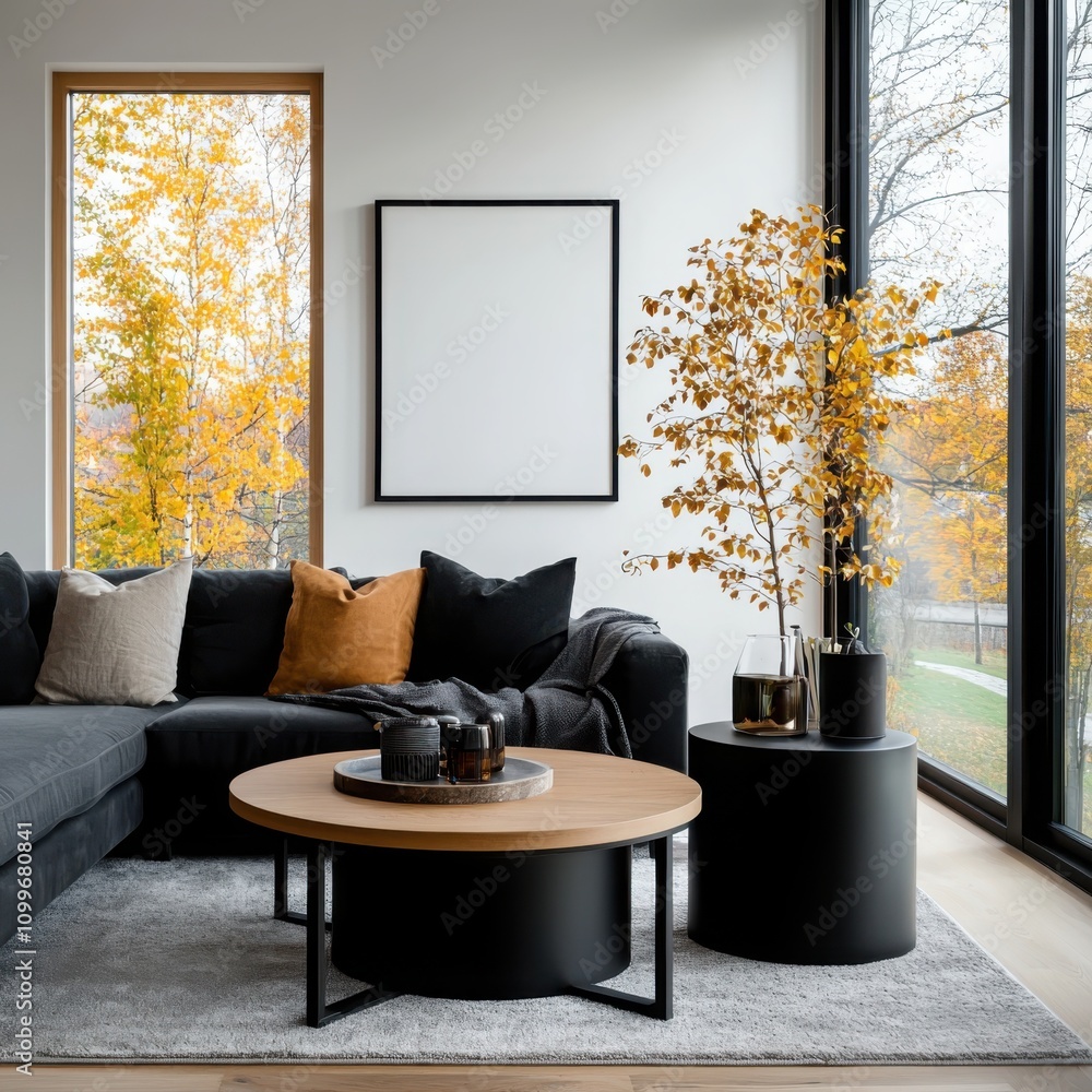 Poster enhancing minimal living spaces with cylindrical side tables and empty art frames in earthy tones
