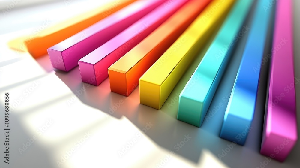 Poster a 3d bar graph with tall, colorful bars on a white surface, each casting shadows to create depth, re