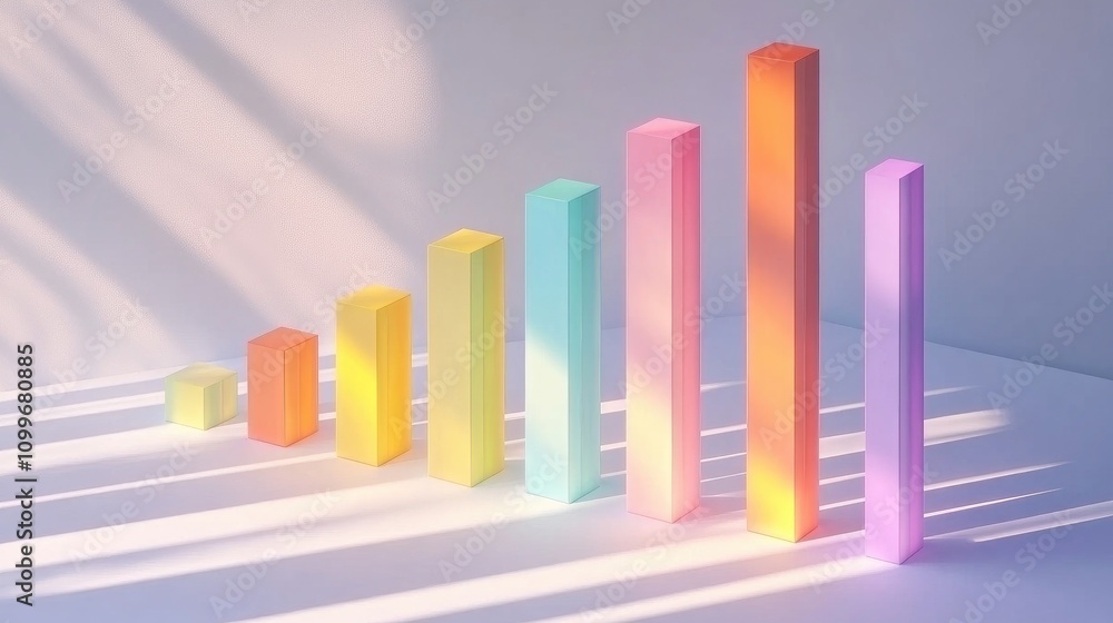 Poster a 3d bar graph with tall, colorful bars on a white surface, each casting shadows to create depth, re