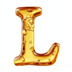 A glossy, amber-colored letter "L" with bubbles, resembling a liquid substance.