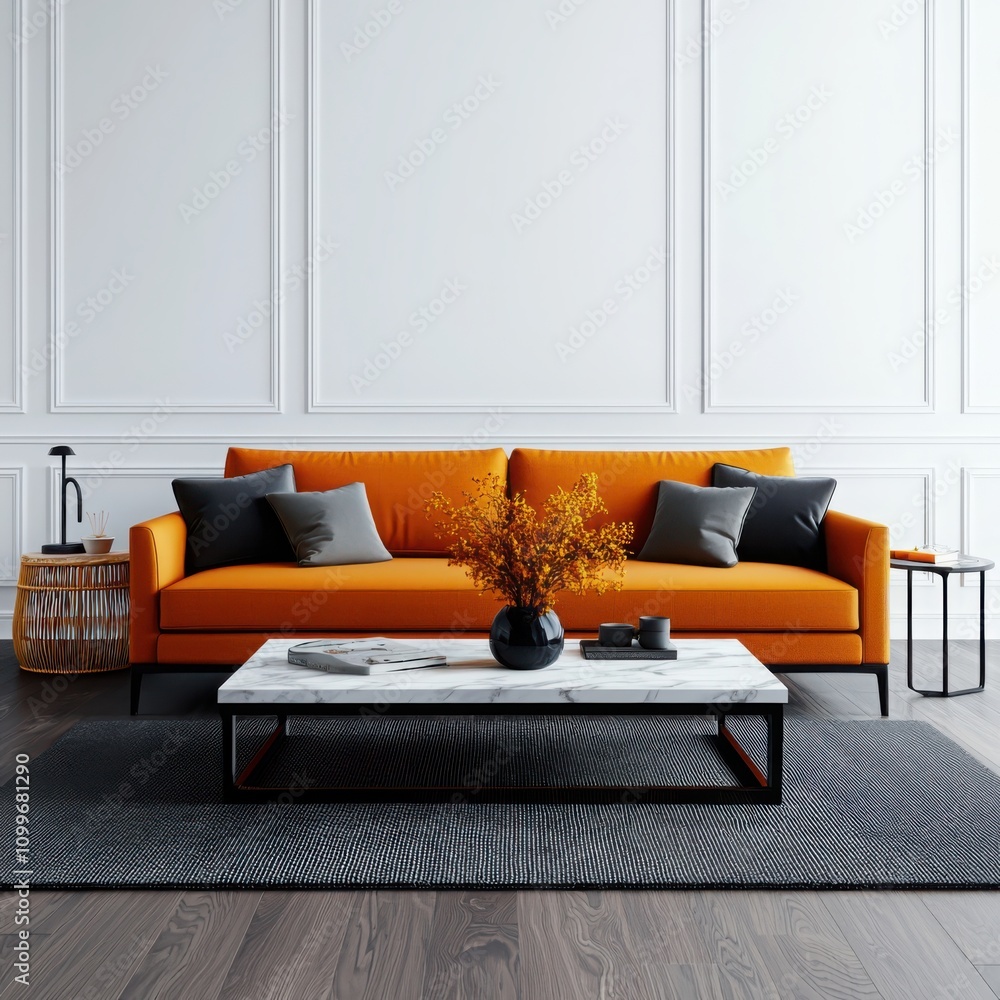 Poster create inviting luxury room design render featuring minimal frame mustard couch and marble coffee ta