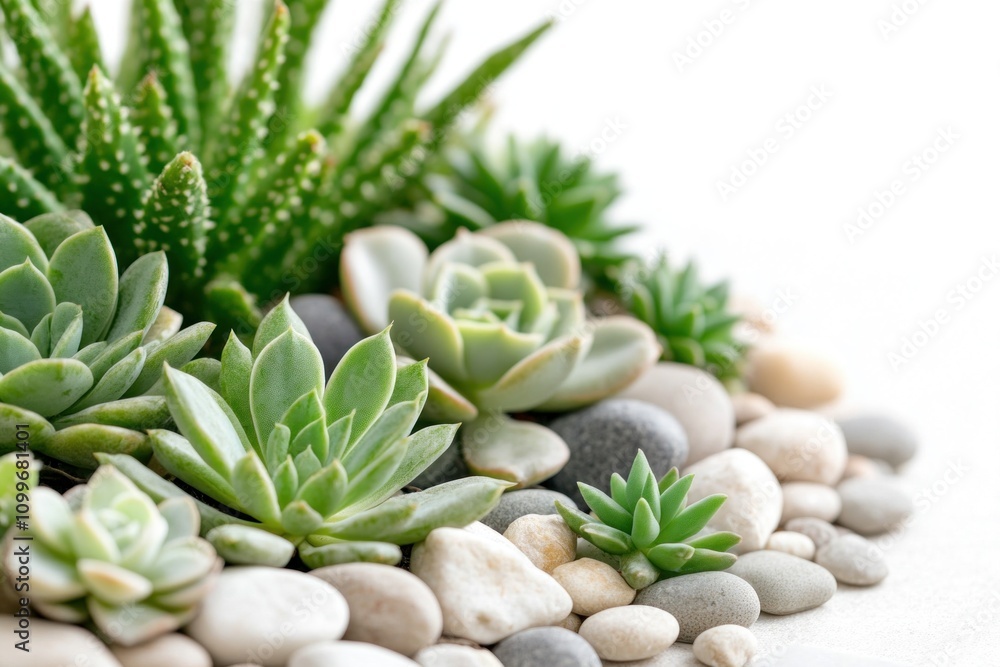 Poster various types of succulents and cacti are arranged among smooth pebbles, creating a visually appeali