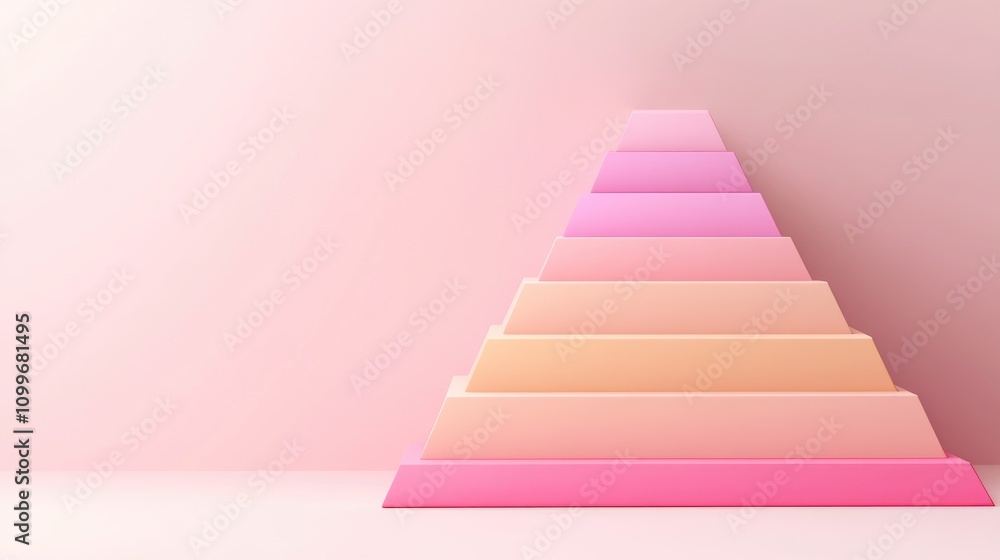 Poster a 3d pyramid chart with smooth gradients, each level representing business strategy steps, displayed