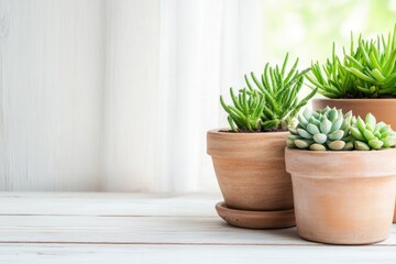 Fototapeta premium Bonsai-style succulent terrarium features vibrant green plants arranged in rustic pots on a wooden surface bathed in natural light. This setup creates a peaceful ambiance