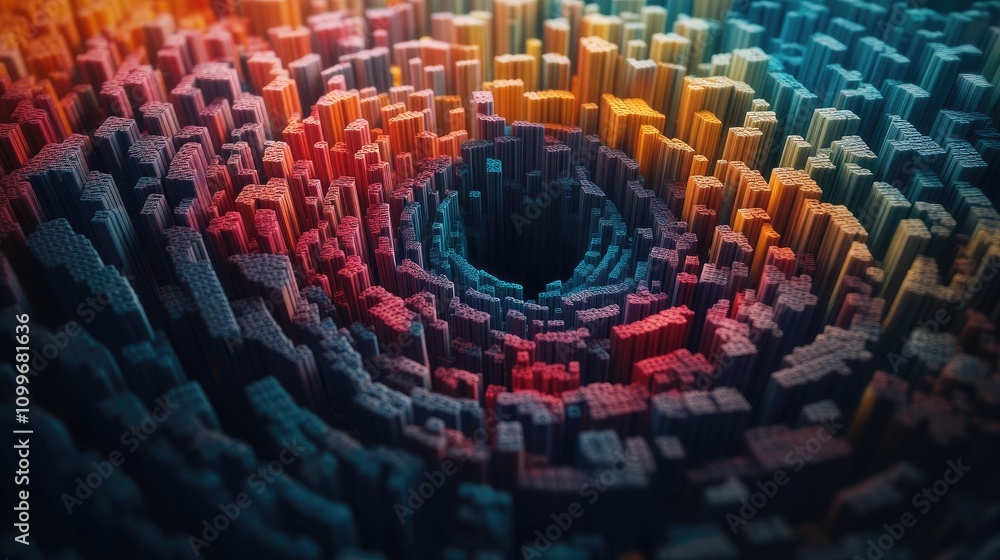 Poster a 3d spiral of multicolored cubes, twisting and converging in the center against a black background,